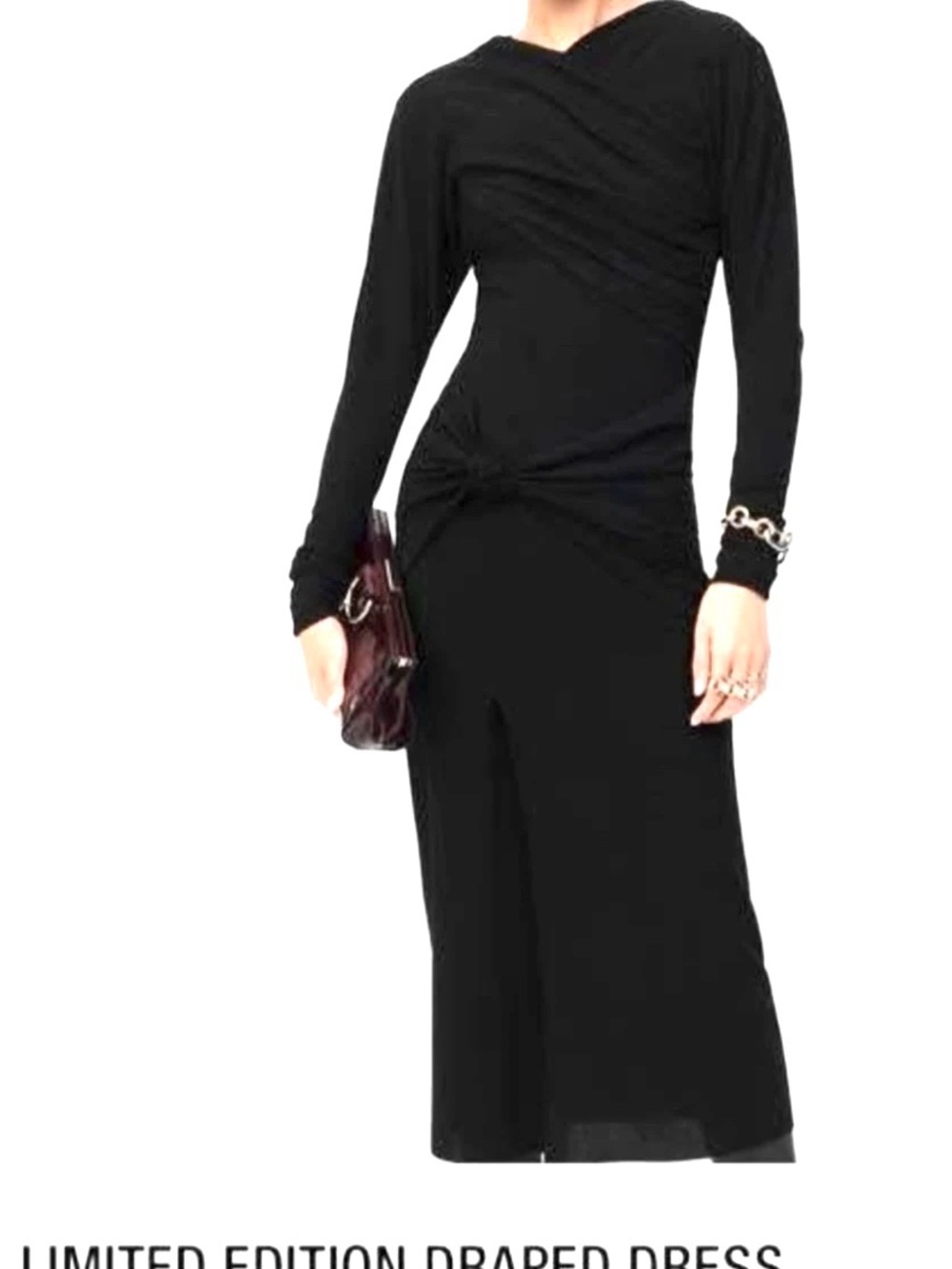 Zara Black Draped Long-Sleeve Twist Waist wool Dress